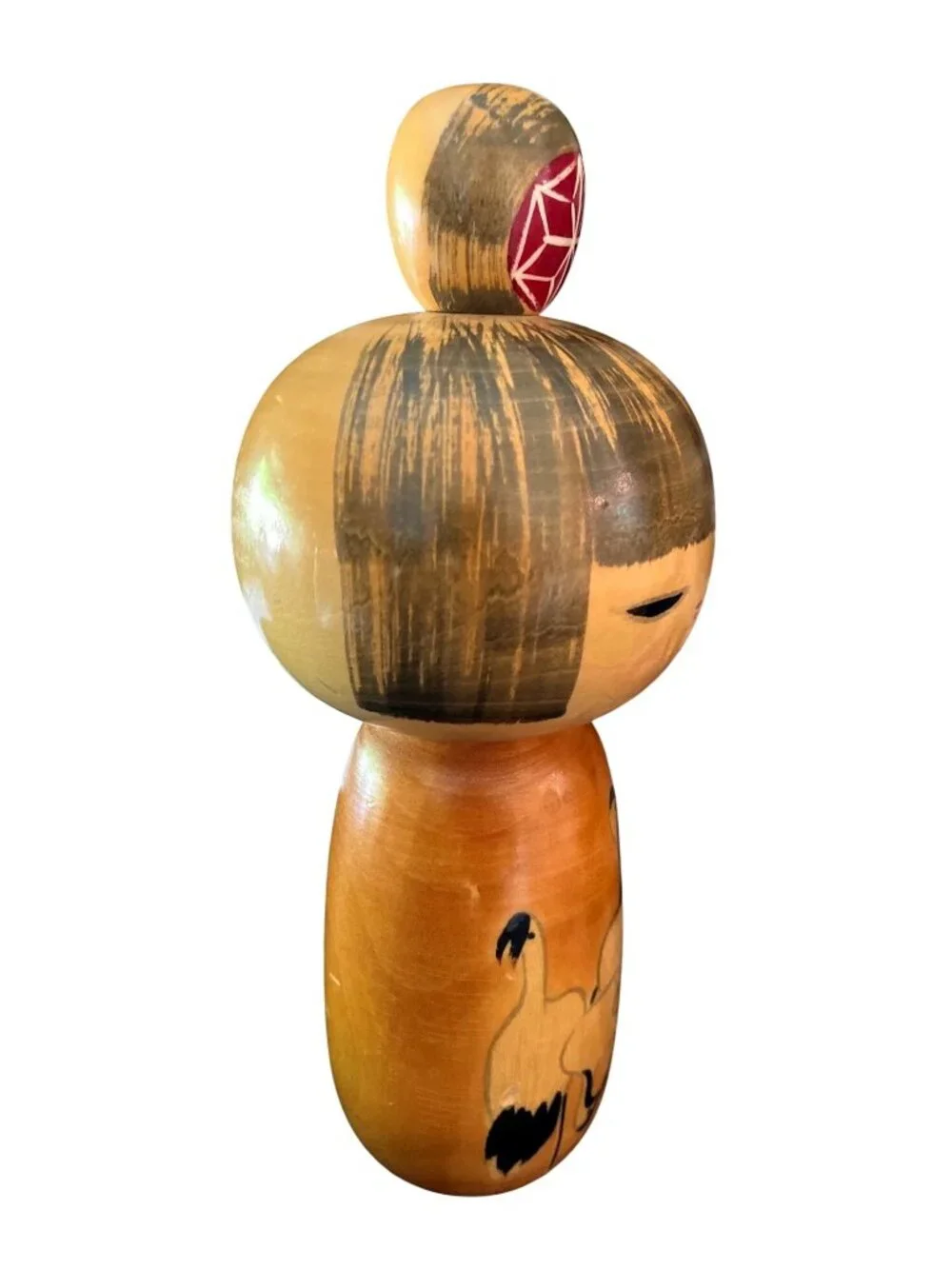 Vtg Japanese Sosaku Kokeshi Doll Crane Motif Chonmage Topknot - 9" Tall - Picture 5 of 6